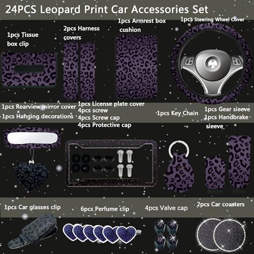 JINGSEN 24 Pcs Leopard Print Car Accessories,Including License Plate Frame,Rearview Mirror Decoration,Etc,Suitable for Sedan,SUV and Other,Cute Car Interior Set for Women (Black) - Image 2