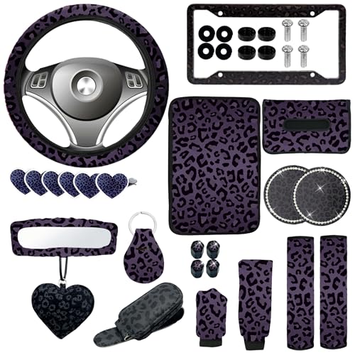 JINGSEN 24 Pcs Leopard Print Car Accessories,Including License Plate Frame,Rearview Mirror Decoration,Etc,Suitable for Sedan,SUV and Other,Cute Car Interior Set for Women (Black) - Image 1
