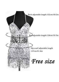 Asooll Sequins Dance Tassel Skirt Dress Rave Festival Hip Scarf For Women Silver  - Image 4