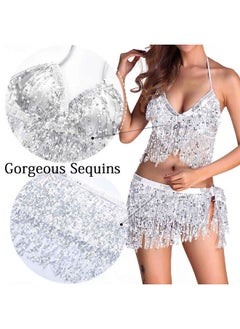 Asooll Sequins Dance Tassel Skirt Dress Rave Festival Hip Scarf For Women Silver  - Image 5