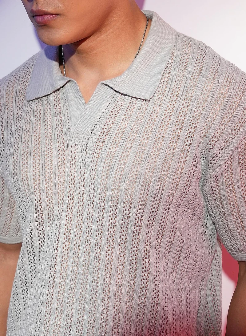 Campus Sutra Men's Ash Grey Stripe-Textured Polo T-Shirt