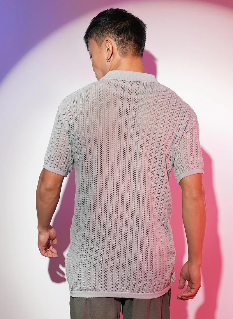Campus Sutra Men's Ash Grey Stripe-Textured Polo T-Shirt