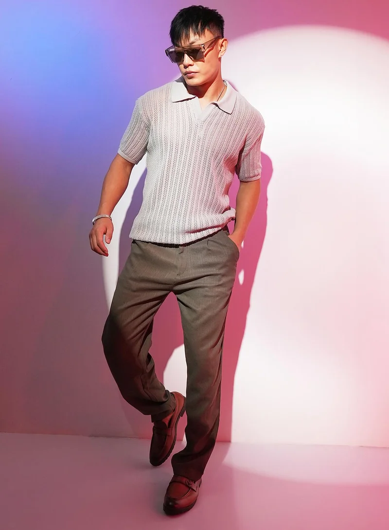 Campus Sutra Men's Ash Grey Stripe-Textured Polo T-Shirt