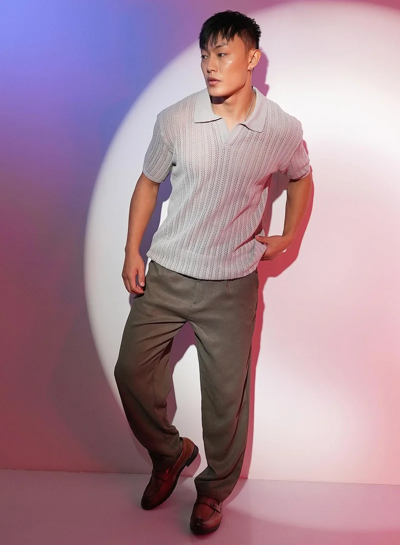 Campus Sutra Men's Ash Grey Stripe-Textured Polo T-Shirt