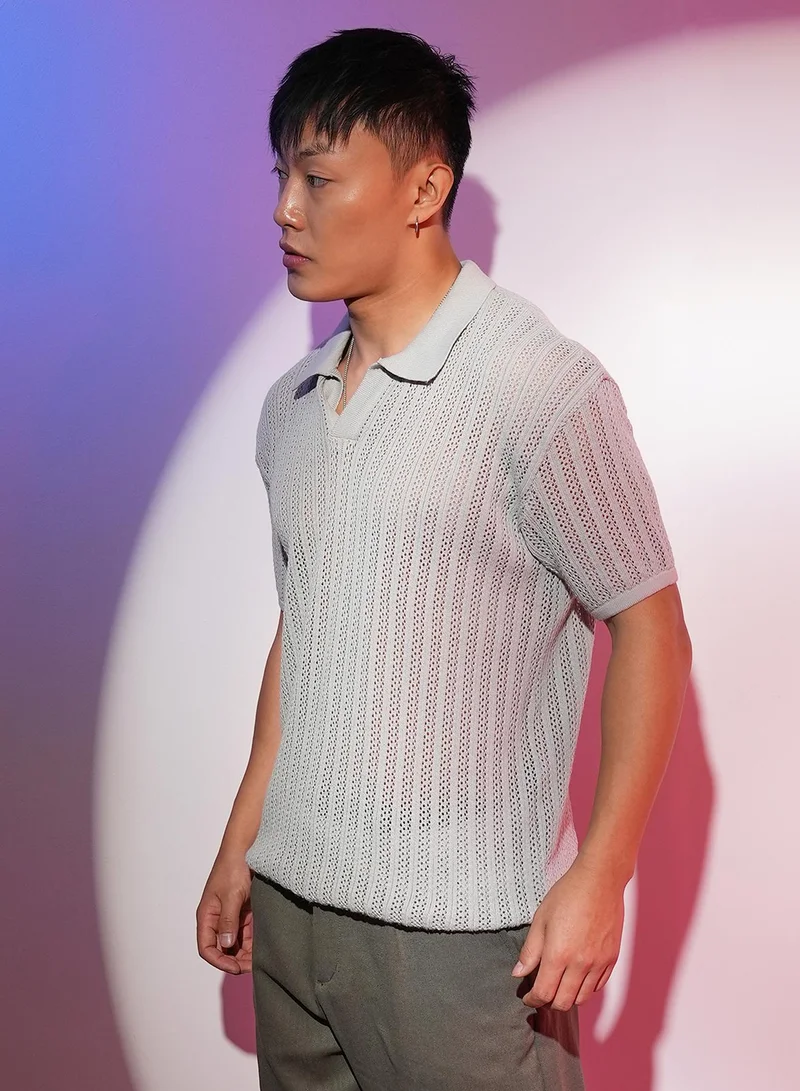 Campus Sutra Men's Ash Grey Stripe-Textured Polo T-Shirt
