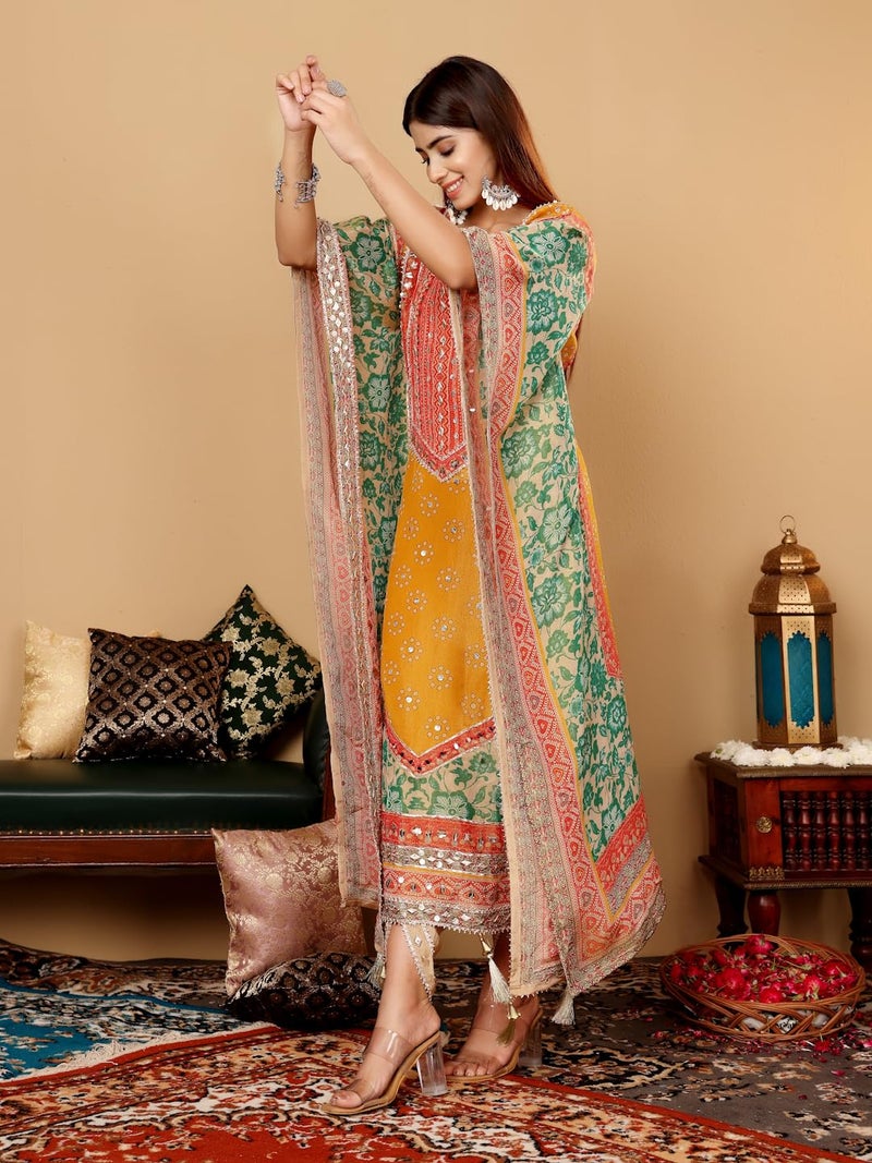 Varanga Women Mustard- Multi Colored Pure Silke Gotta And Mirror Embroidered Kaftan With Dhoti Pants - Image 3