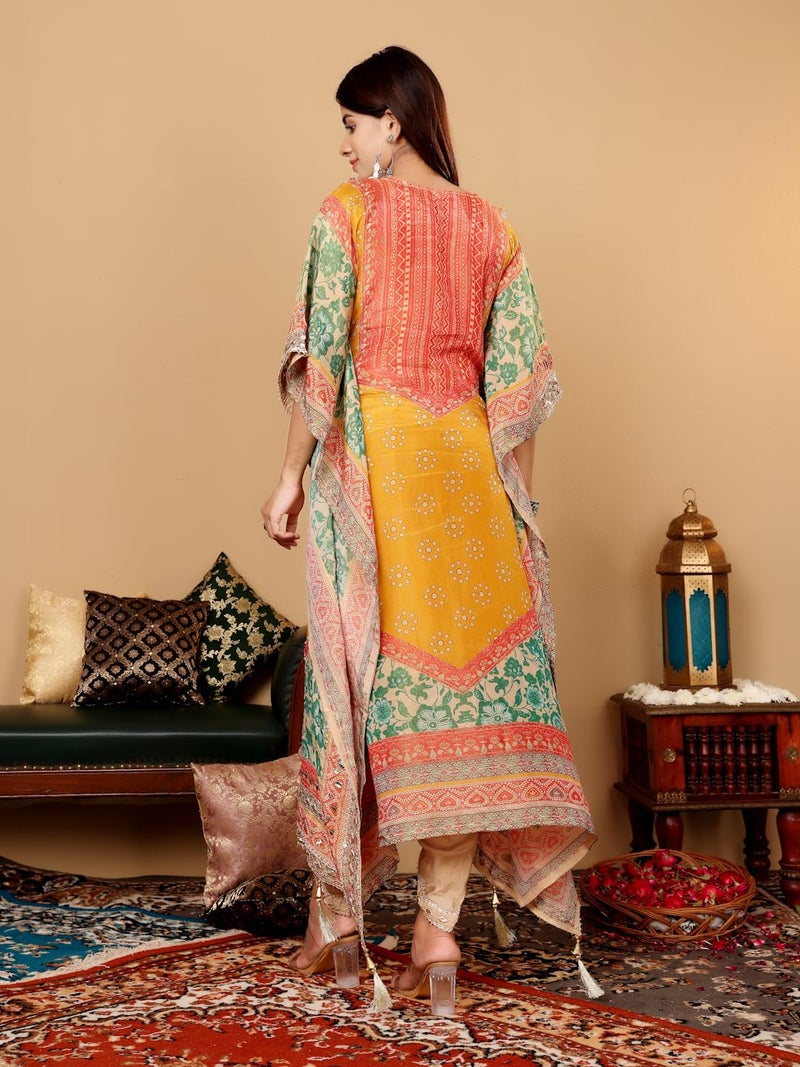 Varanga Women Mustard- Multi Colored Pure Silke Gotta And Mirror Embroidered Kaftan With Dhoti Pants - Image 4