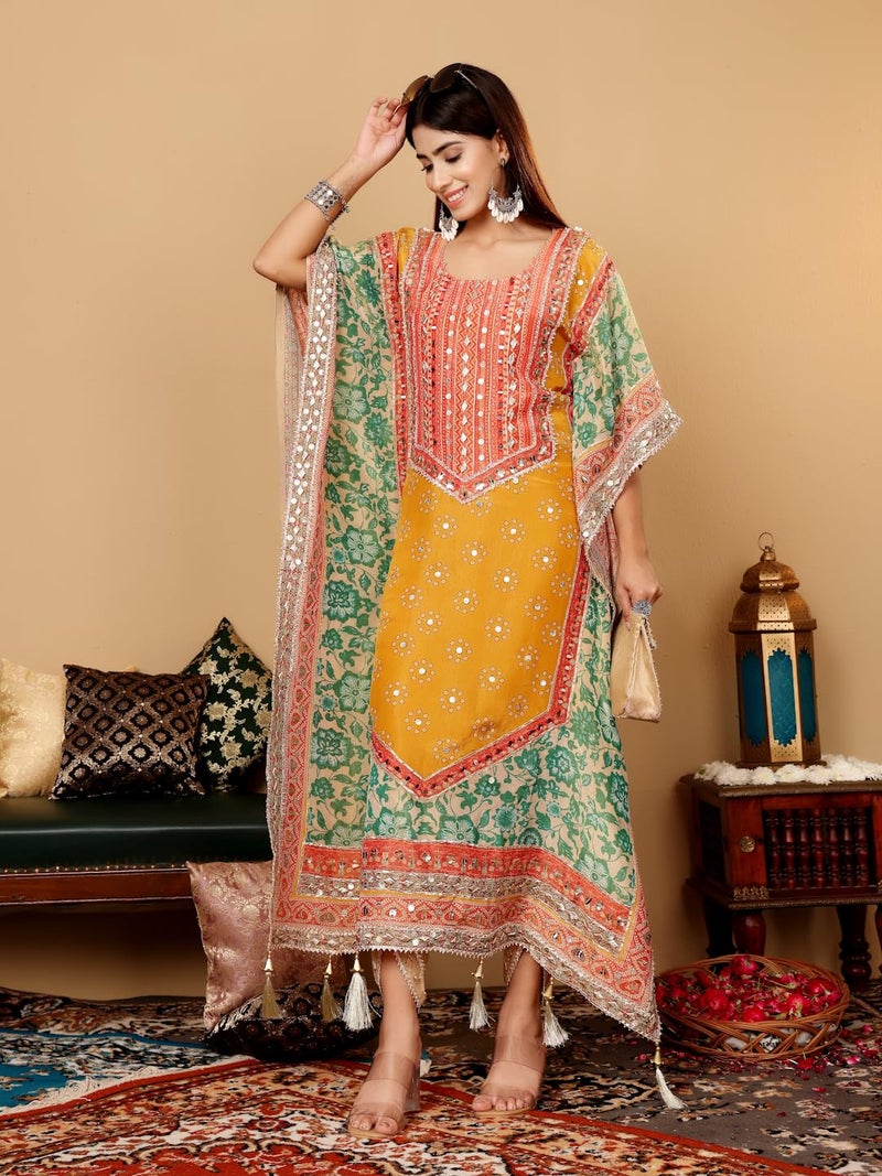Varanga Women Mustard- Multi Colored Pure Silke Gotta And Mirror Embroidered Kaftan With Dhoti Pants - Image 2