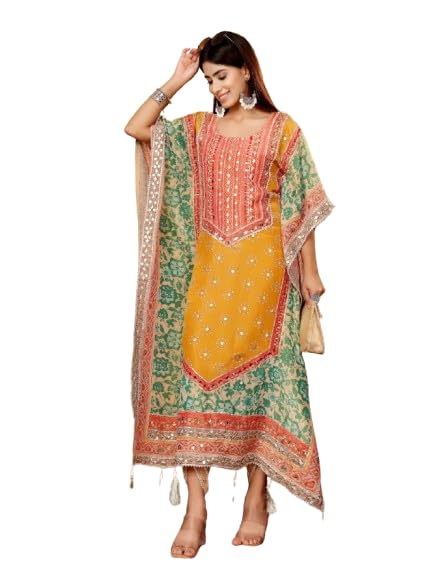 Varanga Women Mustard- Multi Colored Pure Silke Gotta And Mirror Embroidered Kaftan With Dhoti Pants - Image 1