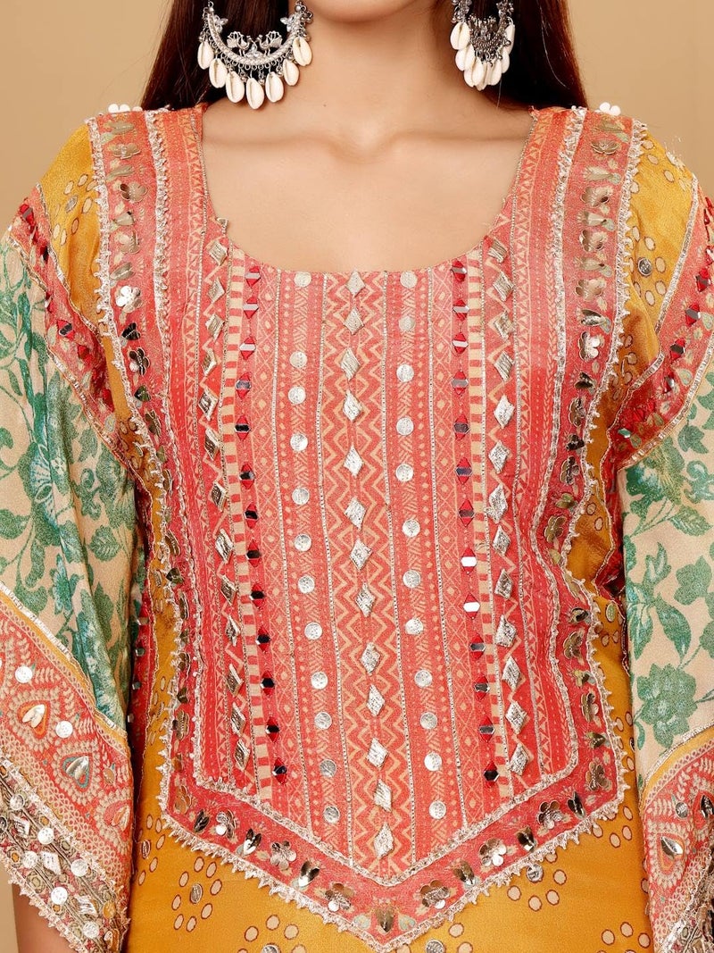 Varanga Women Mustard- Multi Colored Pure Silke Gotta And Mirror Embroidered Kaftan With Dhoti Pants - Image 5