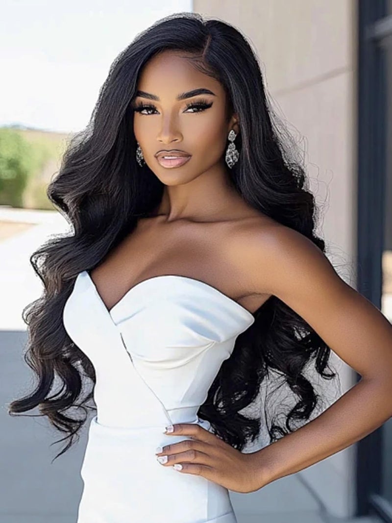 Nostalgia باروكات نوسطالجيا السوداء للنساء، باروكة طويلة ومجعدة بطول 28 بوصة، جزء جانبي، مظهر طبيعي، باروكة صناعية مقاومة للحرارة للاستخدام اليومي والحفلات