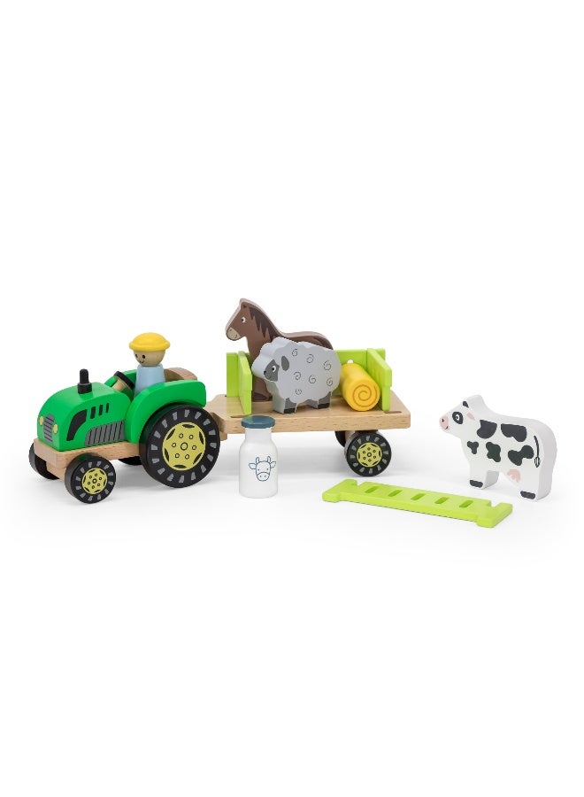 Viga Farm Tractor Wooden Toy with Animals and Trailer – Educational Roleplay Set for Toddlers and Preschoolers - Image 1