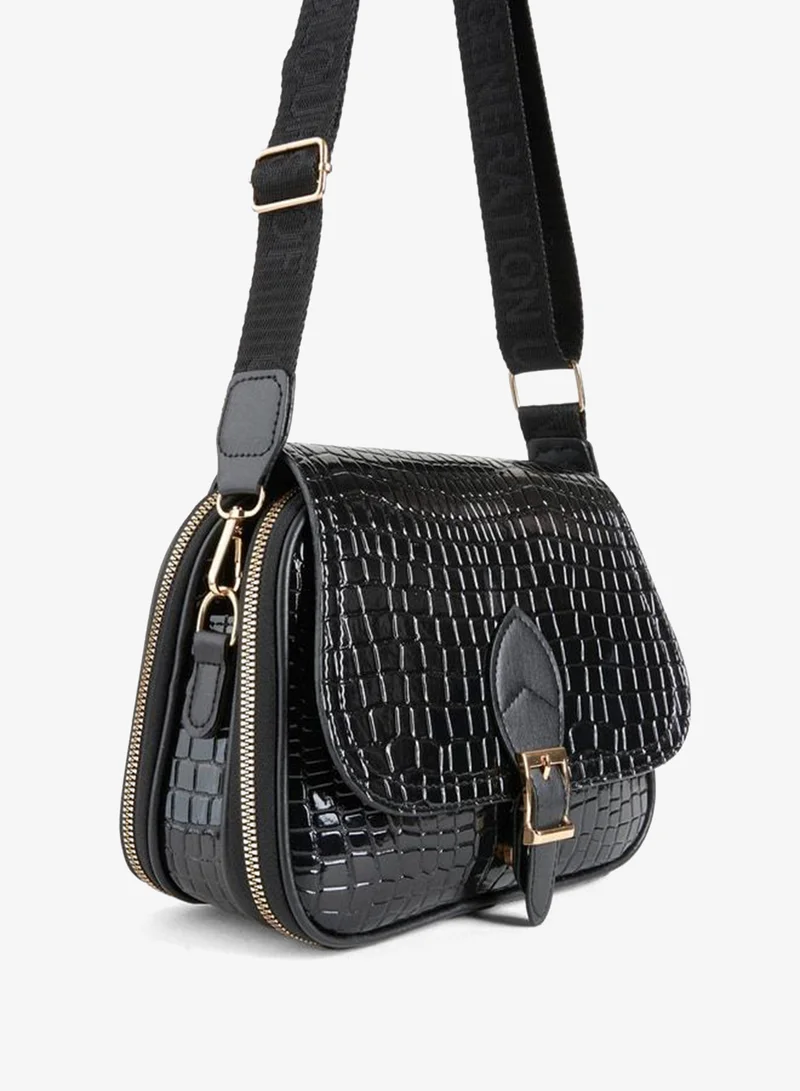 Women's Yonca Croco Black 4-Pocket Covered Column Strap Zipper and Snap Closure Shoulder Bag.