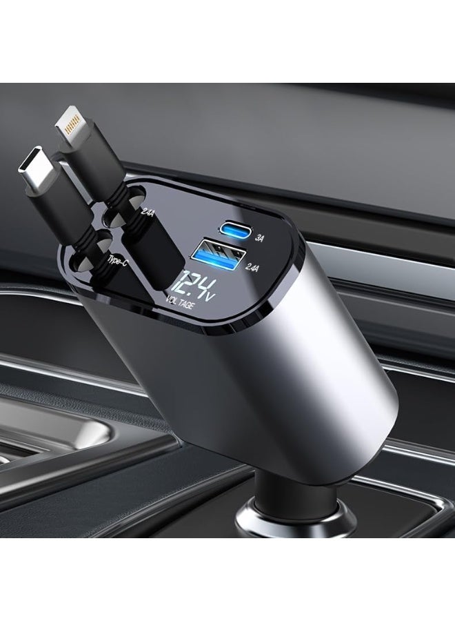شاحن سيارة 4 في 1 قابل للسحب بقدرة 60 واط، شحن سريع مع كابلي Type-C وLightning مدمجين ومنفذي USB، متوافق مع iPhone 15/14/13/12/11 وسامسونج جالاكسي والمزيد - Image 3