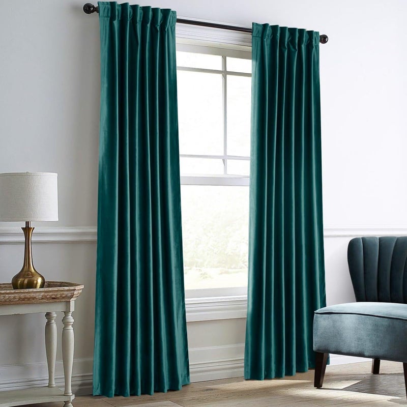 Dreaming Casa Teal Green Velvet Curtains for Living Room Thermal Insulated Rod Pocket Back Tab Window Curtain for Bedroom 2 Panels 52" W x 96" L - Image 1