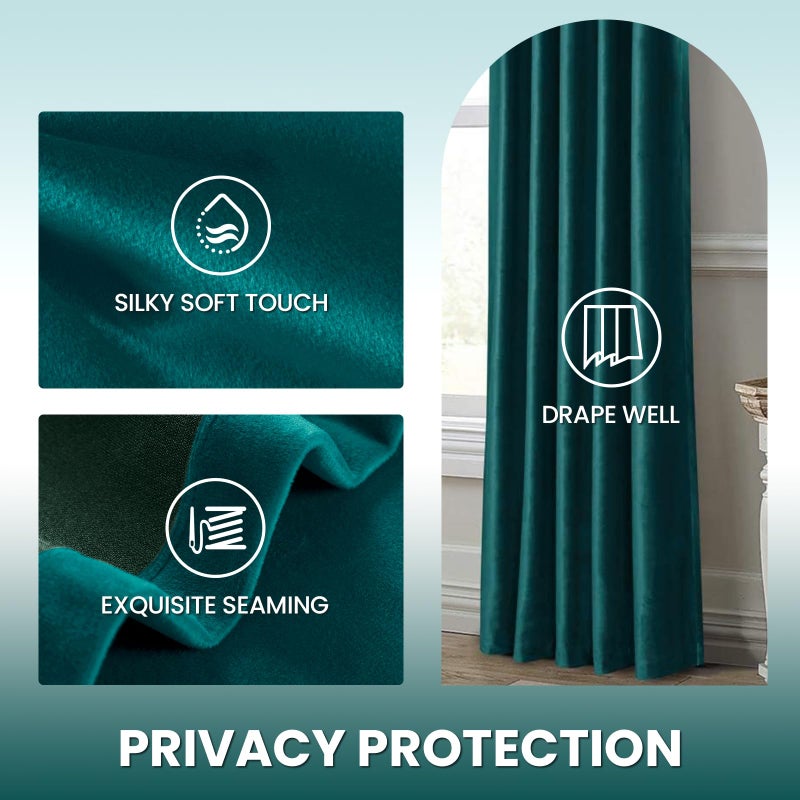 Dreaming Casa Teal Green Velvet Curtains for Living Room Thermal Insulated Rod Pocket Back Tab Window Curtain for Bedroom 2 Panels 52" W x 96" L - Image 4