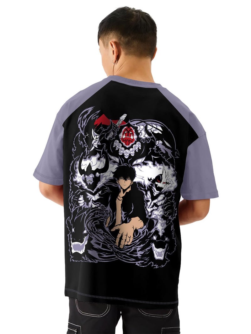 crazymonk Men Cotton Jin Woo X Shadow Monarch Solo Leveling Printed Anime Oversized T-Shirt - Multi Color - XXL - Image 1