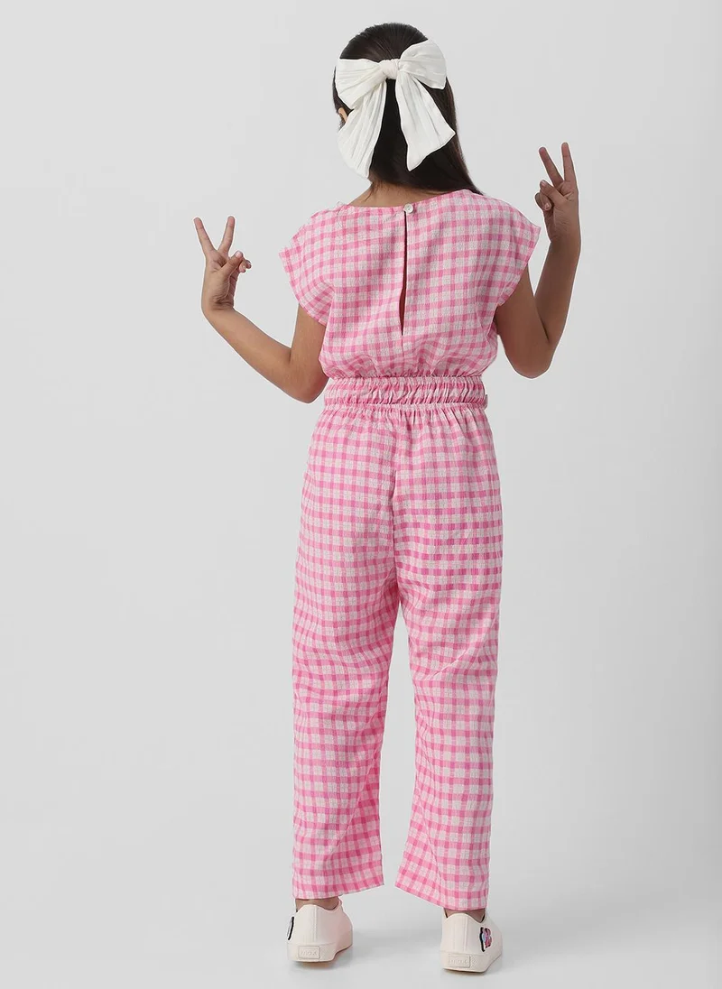 Nautinati  Nautinati Girls Cotton Textured Fabric Gingham Checked Jumpsuit with Bow Detail for Women | Best Price UAE