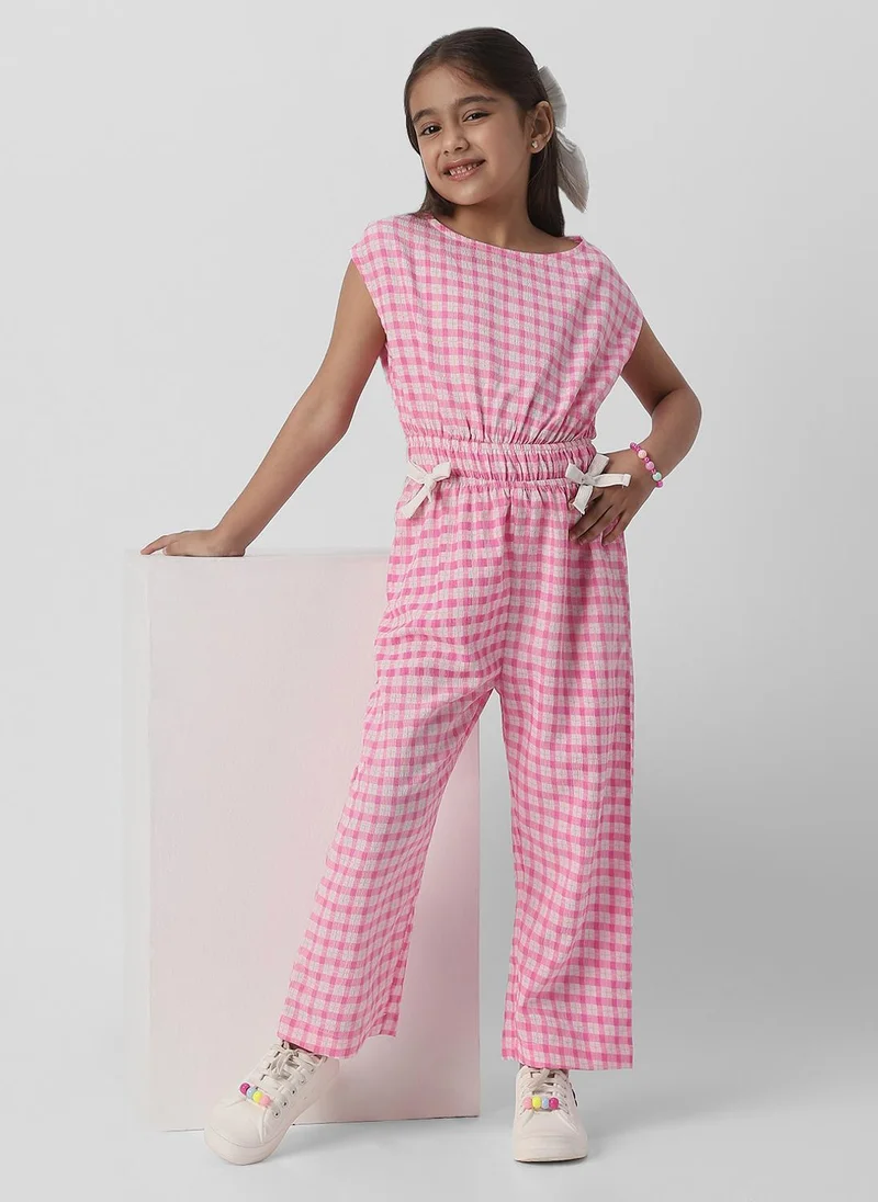 Nautinati  Nautinati Girls Cotton Textured Fabric Gingham Checked Jumpsuit with Bow Detail for Women | Best Price UAE