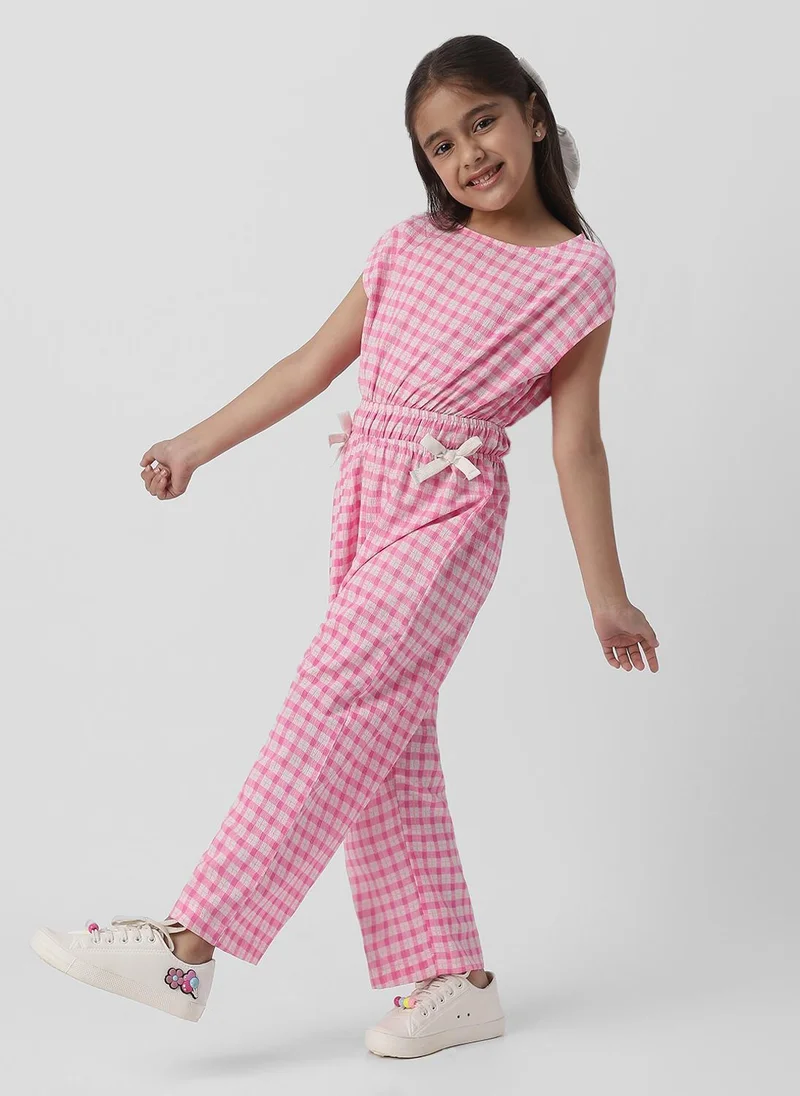 Nautinati Nautinati Girls Cotton Textured Fabric Gingham Checked Jumpsuit with Bow Detail