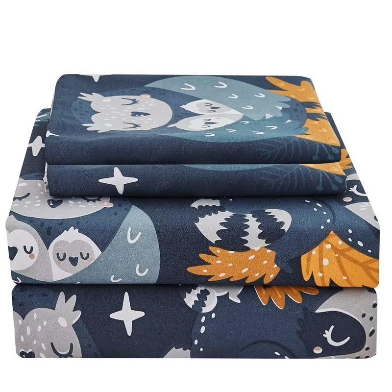 JSD Navy Blue Owl Kids Sheet Set Twin Size 3 Piece Forest Animals Printed Microfiber Bed Sheets Deep Pocket