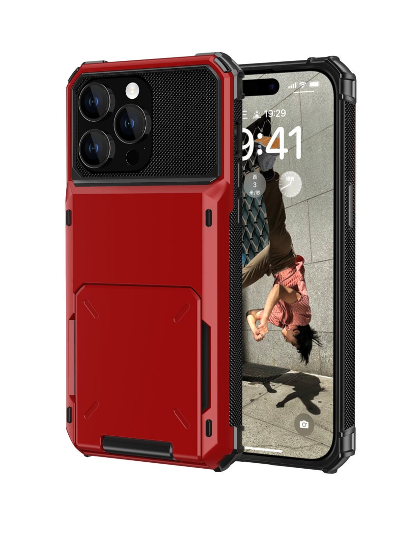 GULFLINK Full Protection Shockproof Case Casing Card Holder Case Dual Layer Hard Case For iPhone 15 Pro Max Red - Image 1