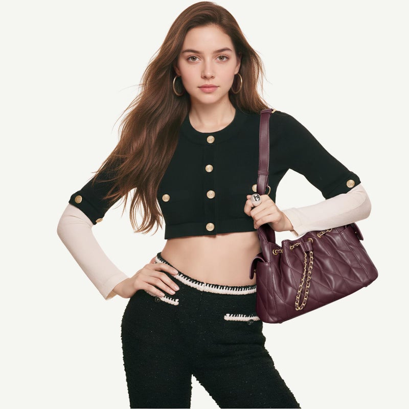 CLUCI Quilted Leather Handbag, Soft Tote Bags for Women with Adjustable Strap, Crumpled Shoulder Purse Tabby Slouchy Hobo Bag Burgundy - Image 2