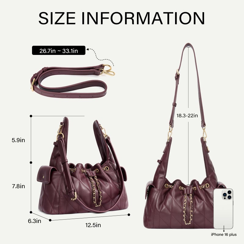 CLUCI Quilted Leather Handbag, Soft Tote Bags for Women with Adjustable Strap, Crumpled Shoulder Purse Tabby Slouchy Hobo Bag Burgundy - Image 3