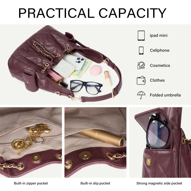 CLUCI Quilted Leather Handbag, Soft Tote Bags for Women with Adjustable Strap, Crumpled Shoulder Purse Tabby Slouchy Hobo Bag Burgundy - Image 4
