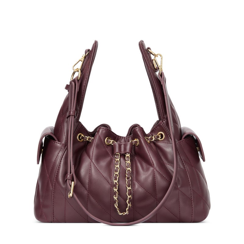 CLUCI Quilted Leather Handbag, Soft Tote Bags for Women with Adjustable Strap, Crumpled Shoulder Purse Tabby Slouchy Hobo Bag Burgundy - Image 1