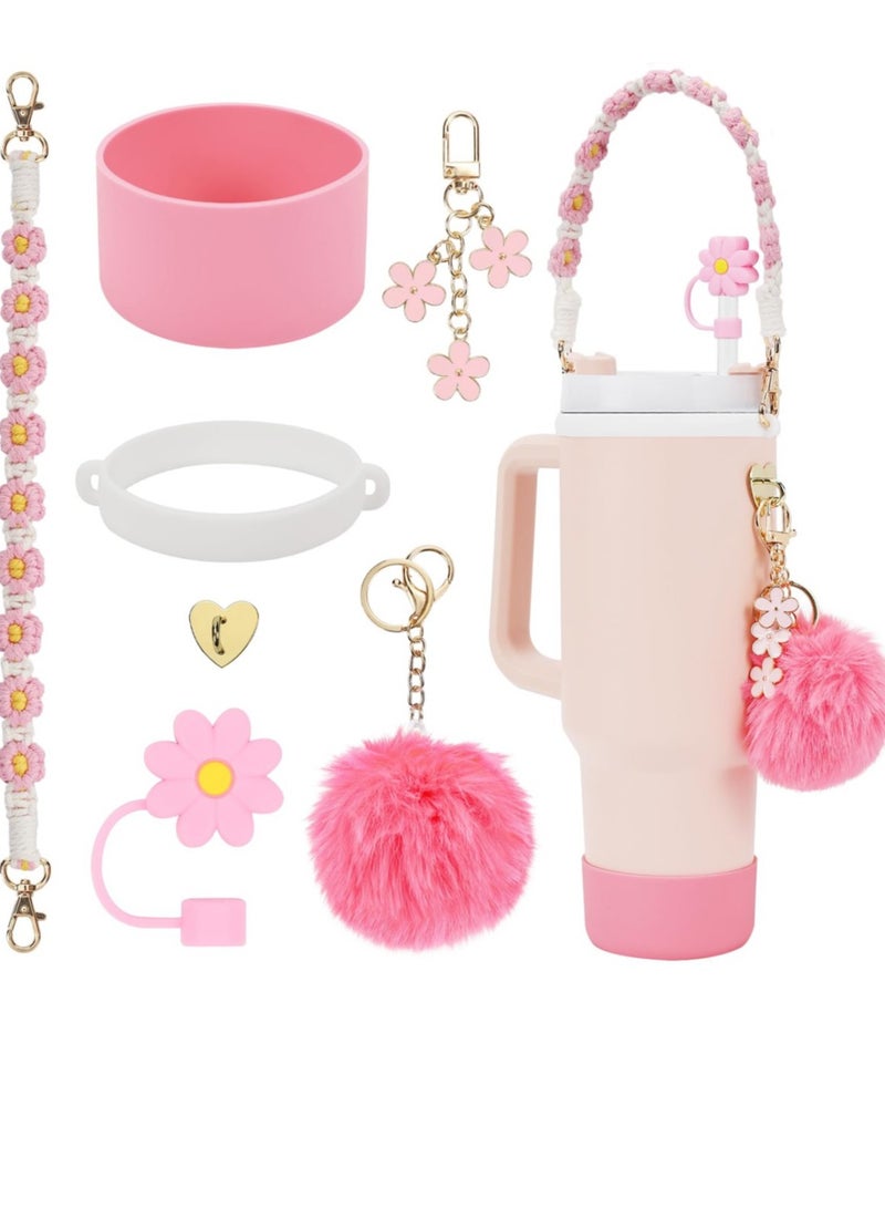 Stanley Cup Accessories Set, Water Bottle Handle Strap, Silicone Cover for Stanley Cup, Stanley Charms for 40oz Stanley Cup - Pink - Image 1