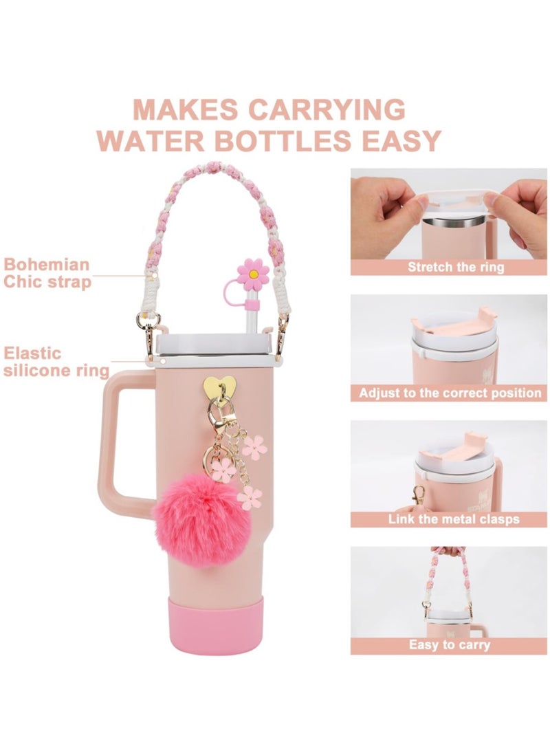 Stanley Cup Accessories Set, Water Bottle Handle Strap, Silicone Cover for Stanley Cup, Stanley Charms for 40oz Stanley Cup - Pink - Image 2