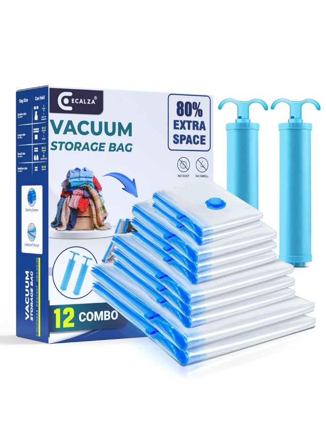 Vacuum Storage Bags - Pack of 12 (2Jumbo/4 Large/4 Medium/2 Pumps) Re-usable Travel Compression Storage Bags For Clothes, Comforters & Blankets - Space Saver Bags with Hand Pump
