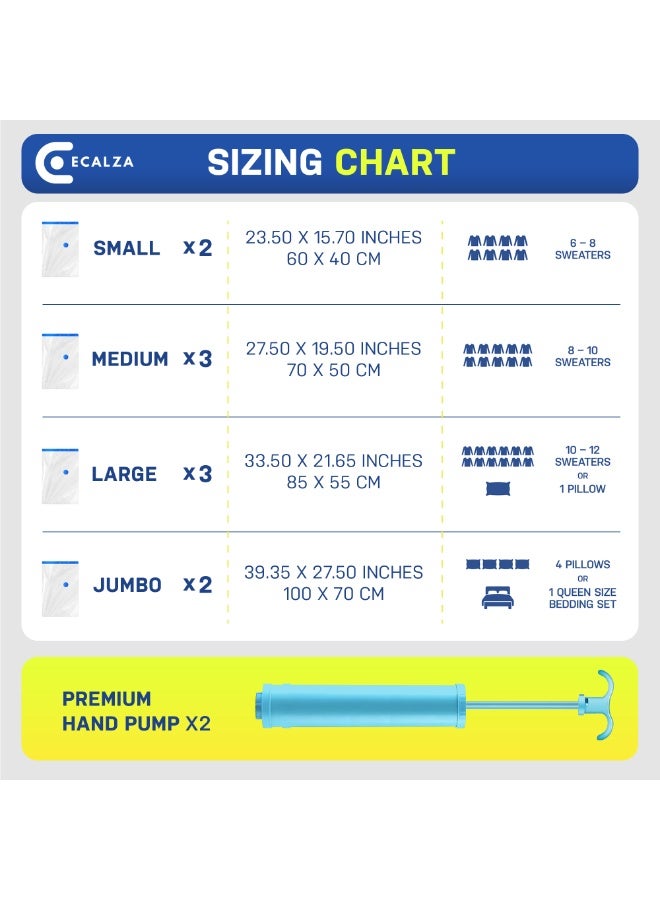 ECALZA Vacuum Storage Bags - Pack of 12 (2Jumbo/4 Large/4 Medium/2 Pumps) Re-usable Travel Compression Storage Bags For Clothes, Comforters & Blankets - Space Saver Bags with Hand Pump - Image 2