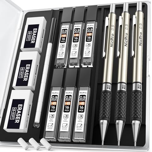 Nicpro 0.9 mm Art Mechanical Pencils Set in Gift Case, 6 PCS Metal Drafting Pencil 0.9mm with 6 Tube HB Lead Refills & 18 PCS Eraser Refills for Adults, Children, Artist Writing, Drawing, Sketching - Image 1
