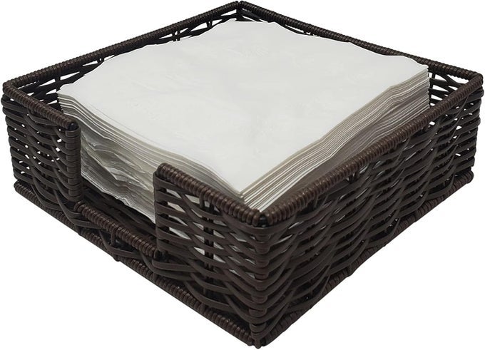WICKER NAPKIN HOLDER 75W X 75W FLAT SQUARE TABLE TOP DECORATIVE TISSUE PAPER DISPENSER FOR KITCHEN LUNCHEON DINING TABLE DARK BROWN WOVEN NAPKIN TRAY