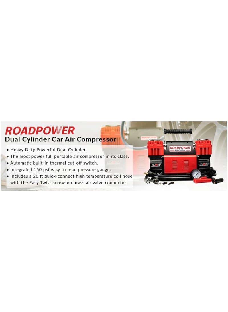 رود باور - ضاغط هواء مزدوج الأسطوانة للسيارة Ultra Extreme 4x4 Tire Super Air Flow محمول 300 Litter-Mints 150 PSI 12V منفاخ إطارات للسيارة والدراجة وغيرها من الأشياء القابلة للنفخ مع حقيبة حمل - Image 1