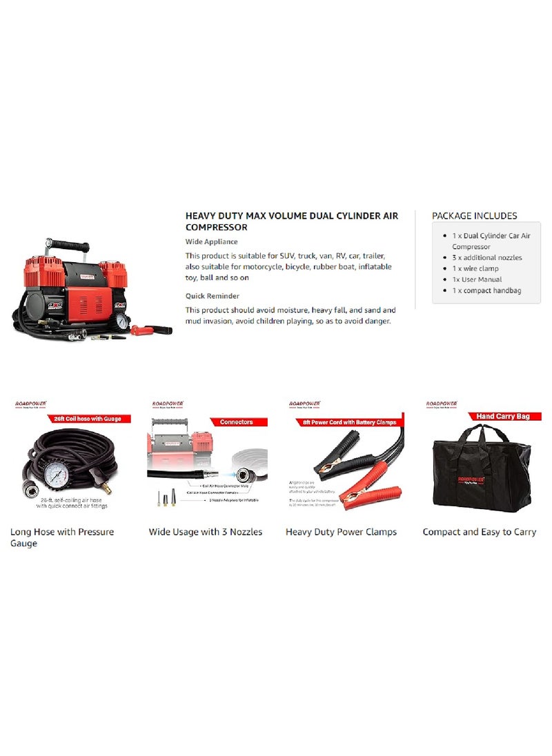 رود باور - ضاغط هواء مزدوج الأسطوانة للسيارة Ultra Extreme 4x4 Tire Super Air Flow محمول 300 Litter-Mints 150 PSI 12V منفاخ إطارات للسيارة والدراجة وغيرها من الأشياء القابلة للنفخ مع حقيبة حمل - Image 1