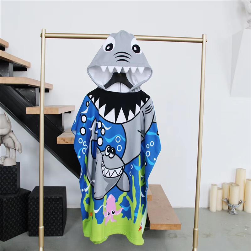 Kids Hooded Poncho Towel Quick-Dry Bathrobe Shark 75*150cm (suitable for 1.0 m-1.5m wear) to send backpack 