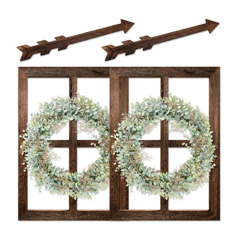 WAKOSAN Rustic Wood Window Frame with Green Wreath and Arrows Wall Decor, Farmhouse Wooden Fake Window Decoration for Bedroom Living Room,Set of 2 (Large Brown) - Image 1