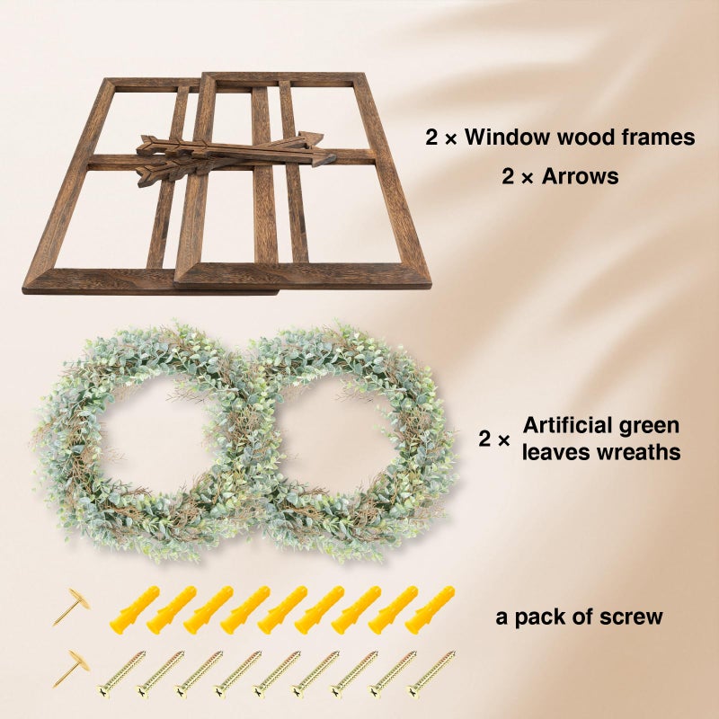 WAKOSAN Rustic Wood Window Frame with Green Wreath and Arrows Wall Decor, Farmhouse Wooden Fake Window Decoration for Bedroom Living Room,Set of 2 (Large Brown) - Image 3