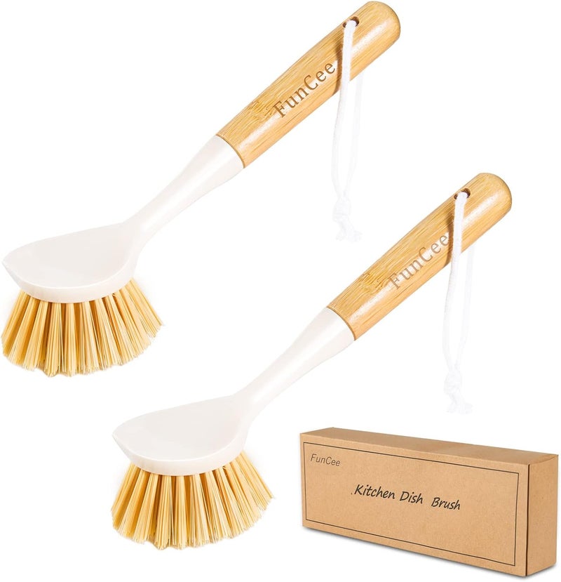 FunCee 2 Pack Kitchen Dish Brushes with Bamboo Handle, Dish Scrubber Built-in Scraper, Scrub Brush for Pans, Pots, Counter & Kitchen Sink Cleaning, Dishwashing and Cleaning Brush Tools, White - Image 1