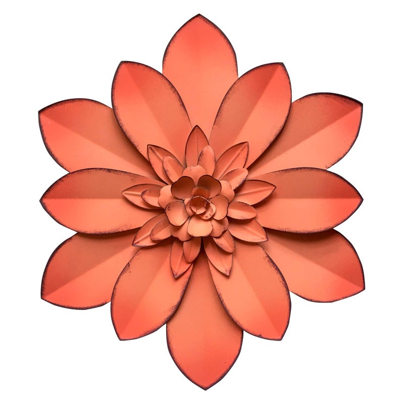 Picfarce Pink Metal Flower Wall Art Decor, 11â€œ Rustic Modern Floral Sculpture, Distressed Hanging Home Decoration Accent Artworks for Indoor Bedroom Living Room Office Outdoor Garden Patio - Image 1