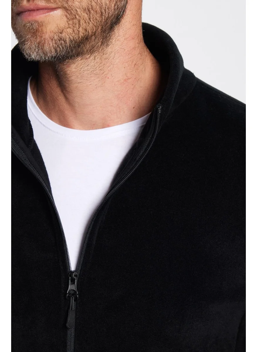 Tudors Standard Fit Full Zipper Non-Pilling Cold Proof Black Standing Collar Fleece Sweatshirt