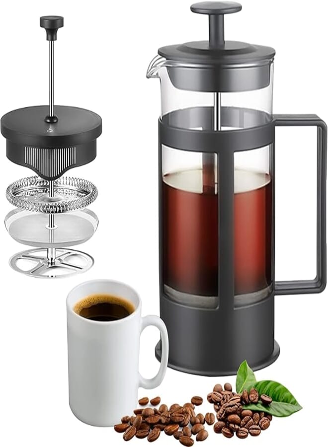 OMIRA French Coffee Press-350ml - Espresso and Tea Maker with Triple Layer Filter, Borosilicate Glass Coffee Press, Stainless Steel Filter, Durable and Heat Resistant, Black (350 ML)