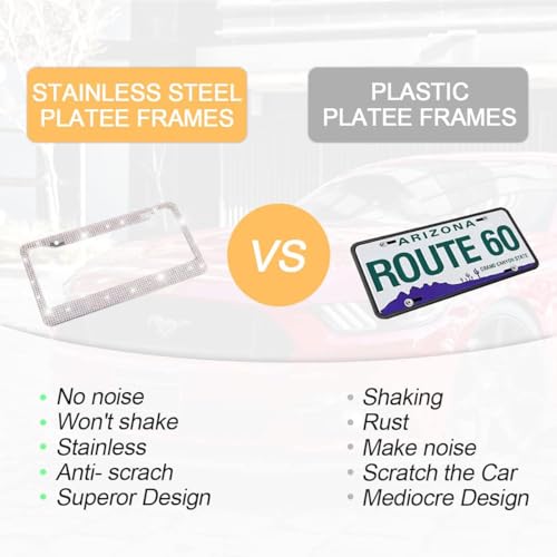 YALOK Bling 2PCS Car License Plate Frame, Handcrafted Crystal Stainless Steel License Plate Frame, Sparkly, Durable, Universal Fit, Car Accessories for Girls, Women (White/AB Color) - Image 4