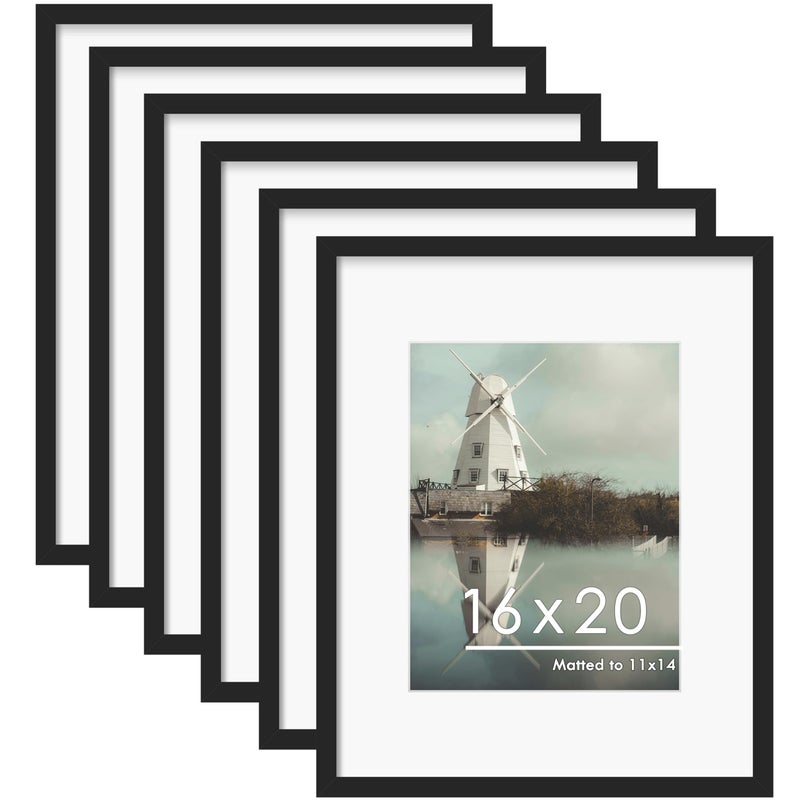 PEALSN 16x20 Picture Frame Set of 6 Display Pictures 11 x 14 with Mat or 16 x 20 Without Mat for Wall Mounting Display Poster Frames Collage for Wall Decor Black