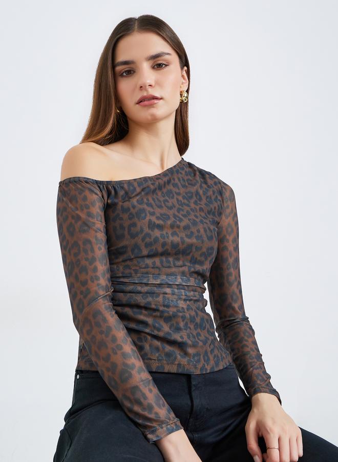Styli Women Brown Animal Print Fitted Knit Top - Image 1