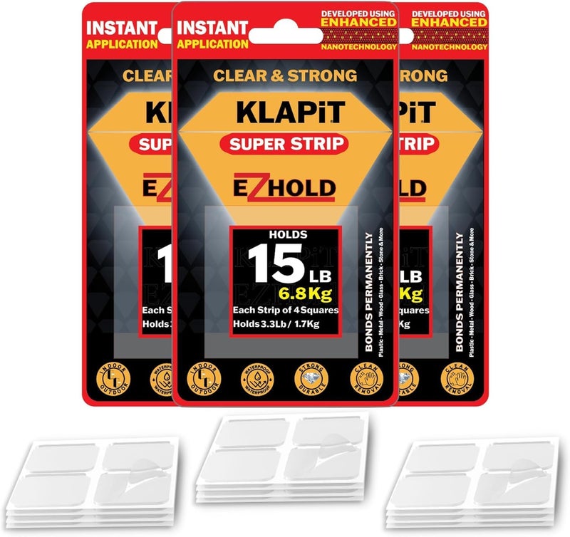 KLAPiT Super Strip EZHold Mounting Tape Squares - 1"x1" Pre-Cut, Heavy-Duty, Double-Sided, Transparent & Waterproof - Holds Up to 15 lbs - Instant Adhesion, No Residue, Ideal for Home & Office (48 pc) - Image 1