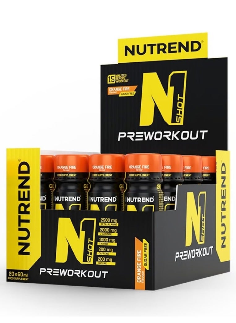 NUTREND N1 Shot Pre Workout Sugar Free 20 Pcs x 60 Ml, Orange Fire - Image 1
